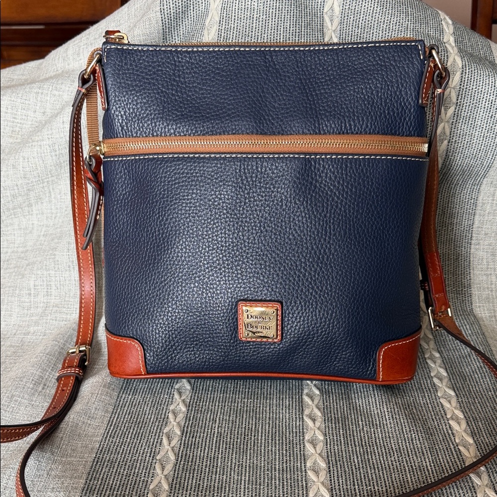 Dooney & Bourke Navy and Tan Leather Messenger Bag